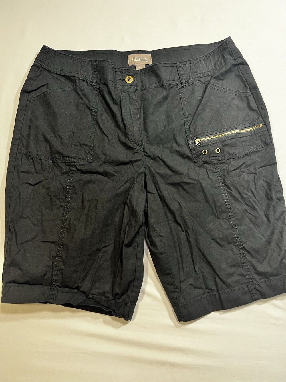Chico's Women's Size 2 Black Cargo Bermuda Shorts Gold Zip Utility Stretch 12 L